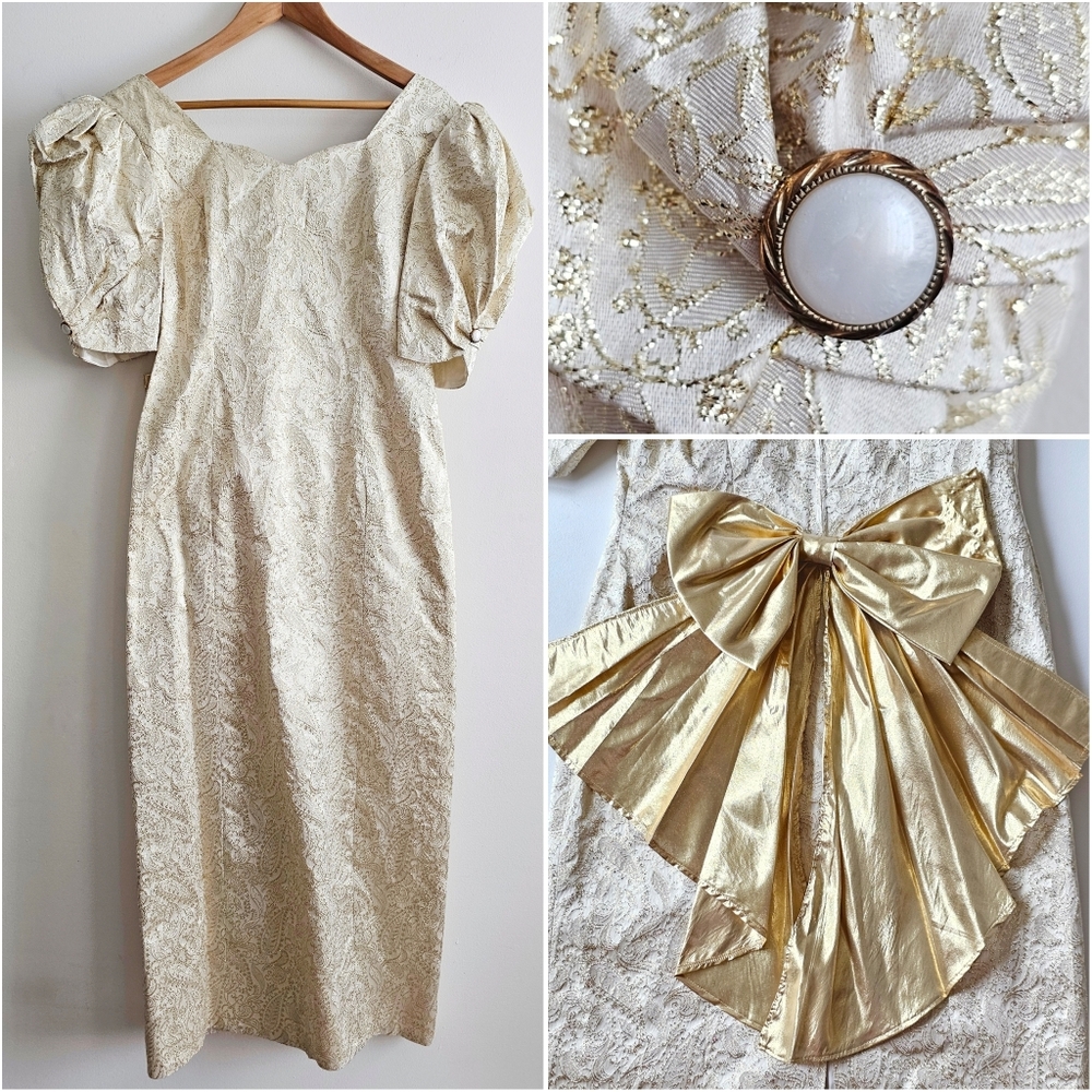 Vintage 80s Handmade Gold Brocade Cocktail Dress Puff Sleeve Statement Bow Back - Picture 2 of 16